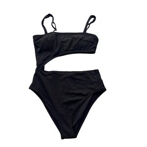 Shade & Shore Womens Size M One Piece Swimsuit Black Wireless Slit Waist Striped